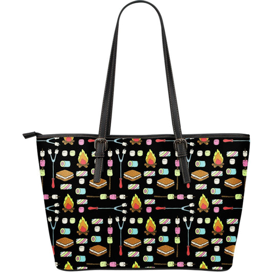 Camping Campfire Marshmallows Large Leather Tote Bag