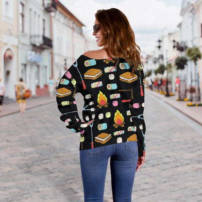 Camping Campfire Marshmallows Off Shoulder Sweatshirt