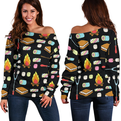 Camping Campfire Marshmallows Off Shoulder Sweatshirt