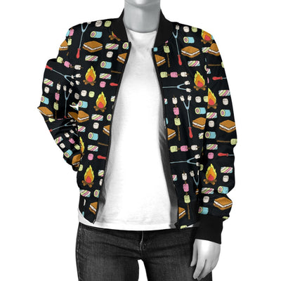 Camping Campfire Marshmallows Women Casual Bomber Jacket