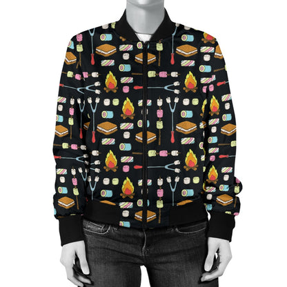 Camping Campfire Marshmallows Women Casual Bomber Jacket