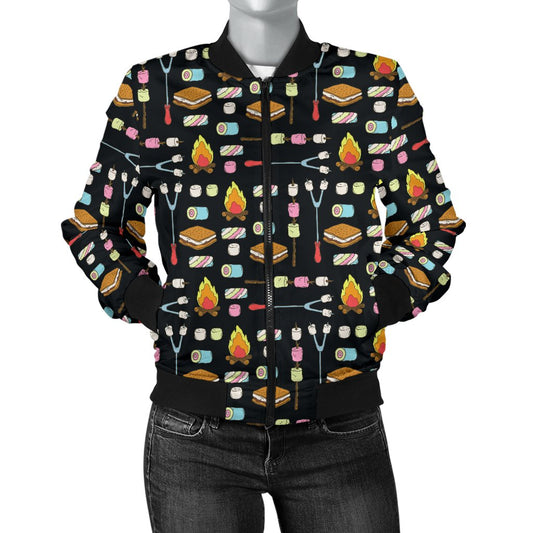 Camping Campfire Marshmallows Women Casual Bomber Jacket