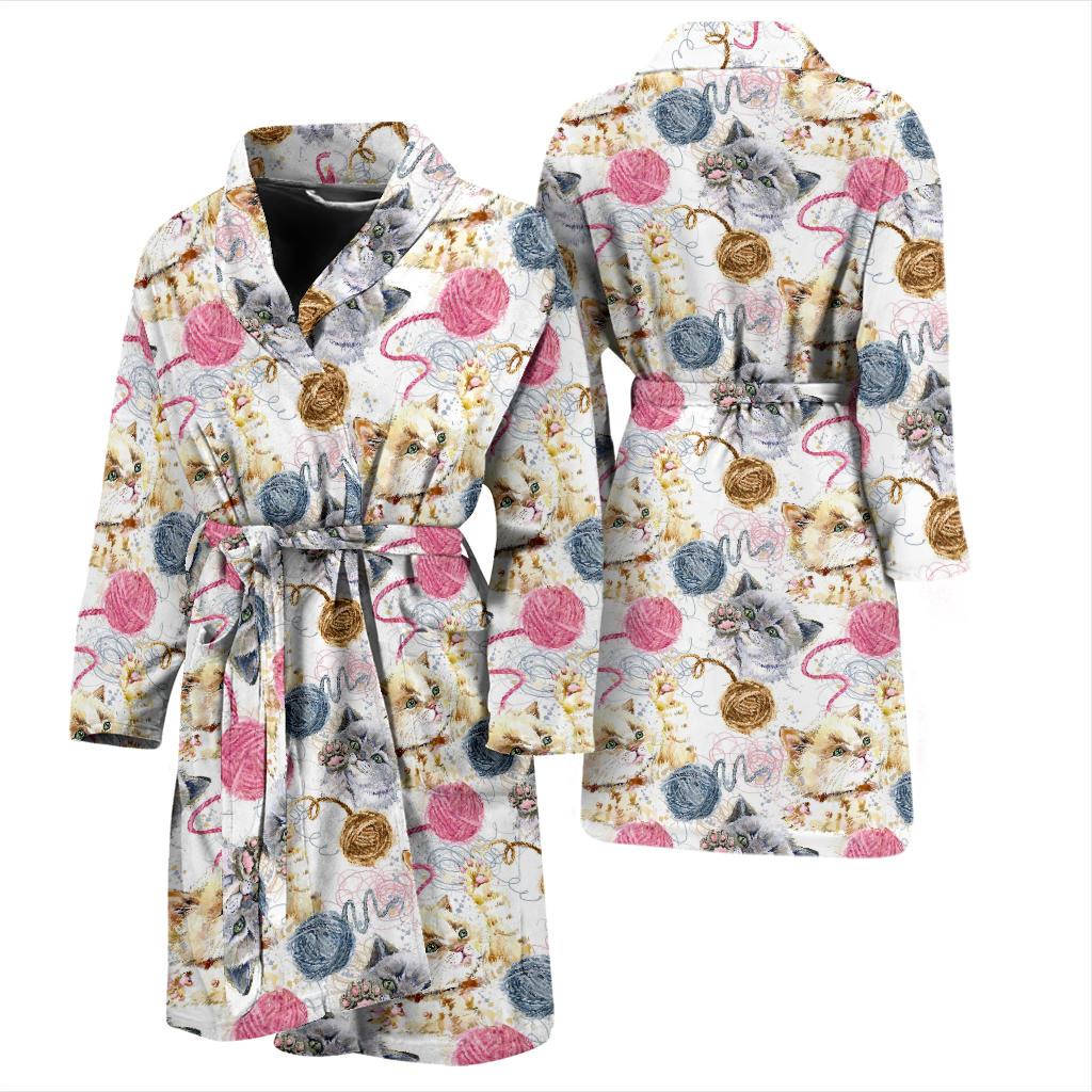 Cat Playing Yarn Pattern Print Design 07 Men Bathrobe-JORJUNE.COM