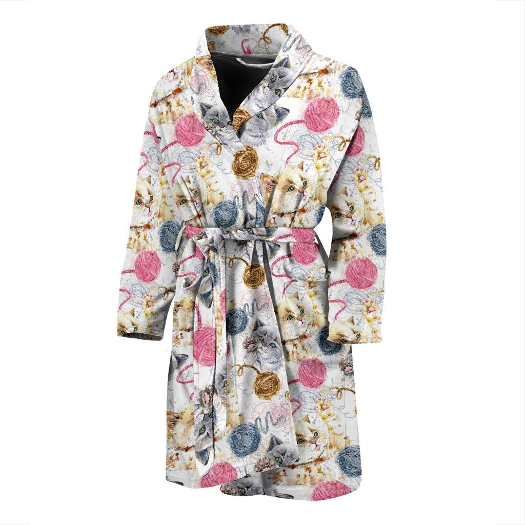 Cat Playing Yarn Pattern Print Design 07 Men Bathrobe-JORJUNE.COM