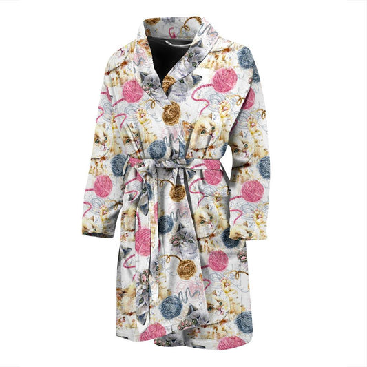 Cat Playing Yarn Pattern Print Design 07 Men Bathrobe-JORJUNE.COM