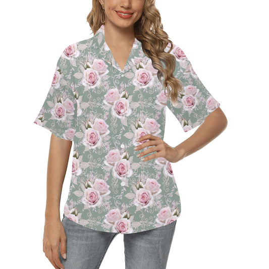 Rose White Pattern Print Design RO012 Women's Hawaiian Shirt