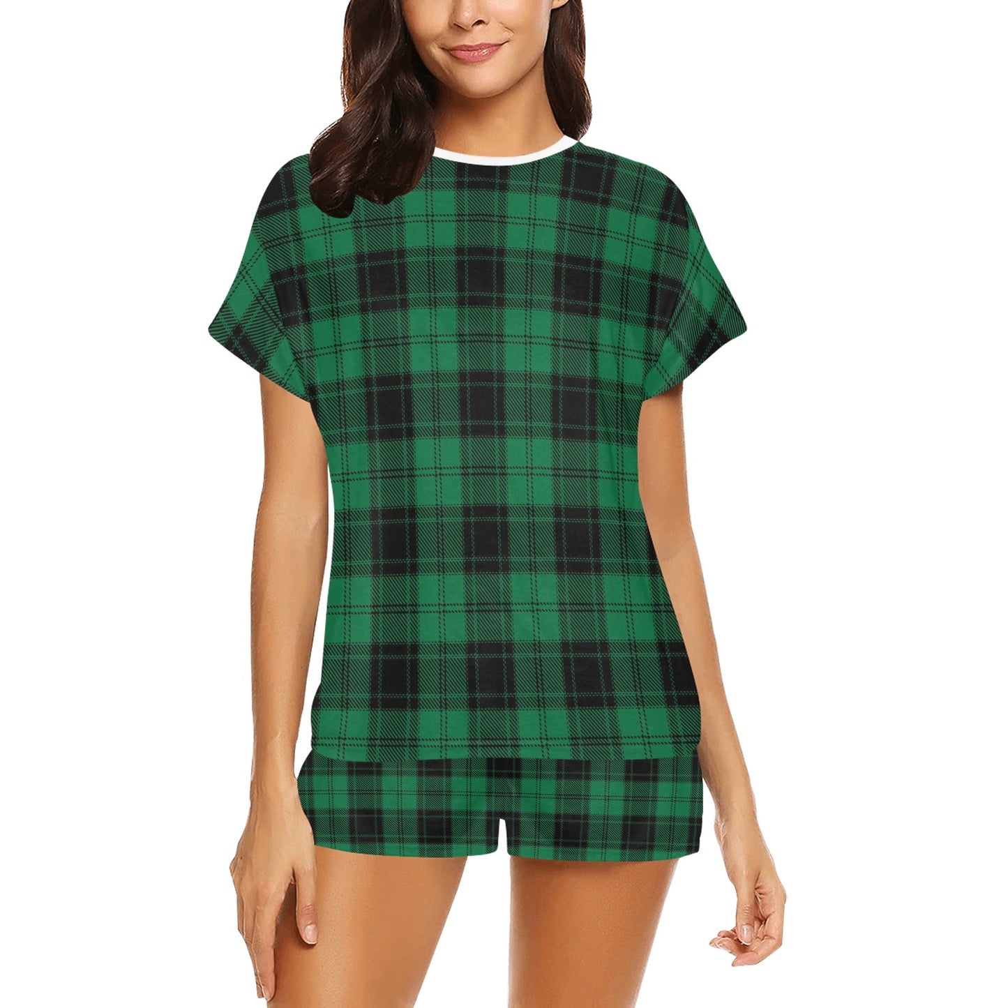 Tartan Green Print Design LKS302 Women's Short Pajama Set