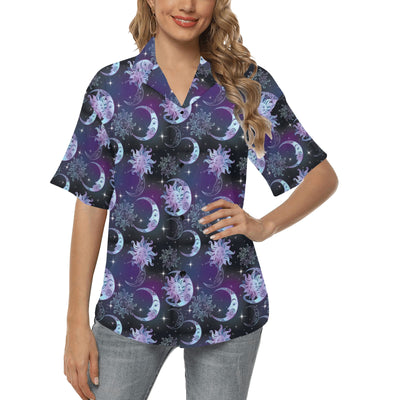 Sun Moon Print Design LKS303 Women's Hawaiian Shirt