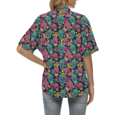 Sugar Skull Floral Design Themed Print Women's Hawaiian Shirt