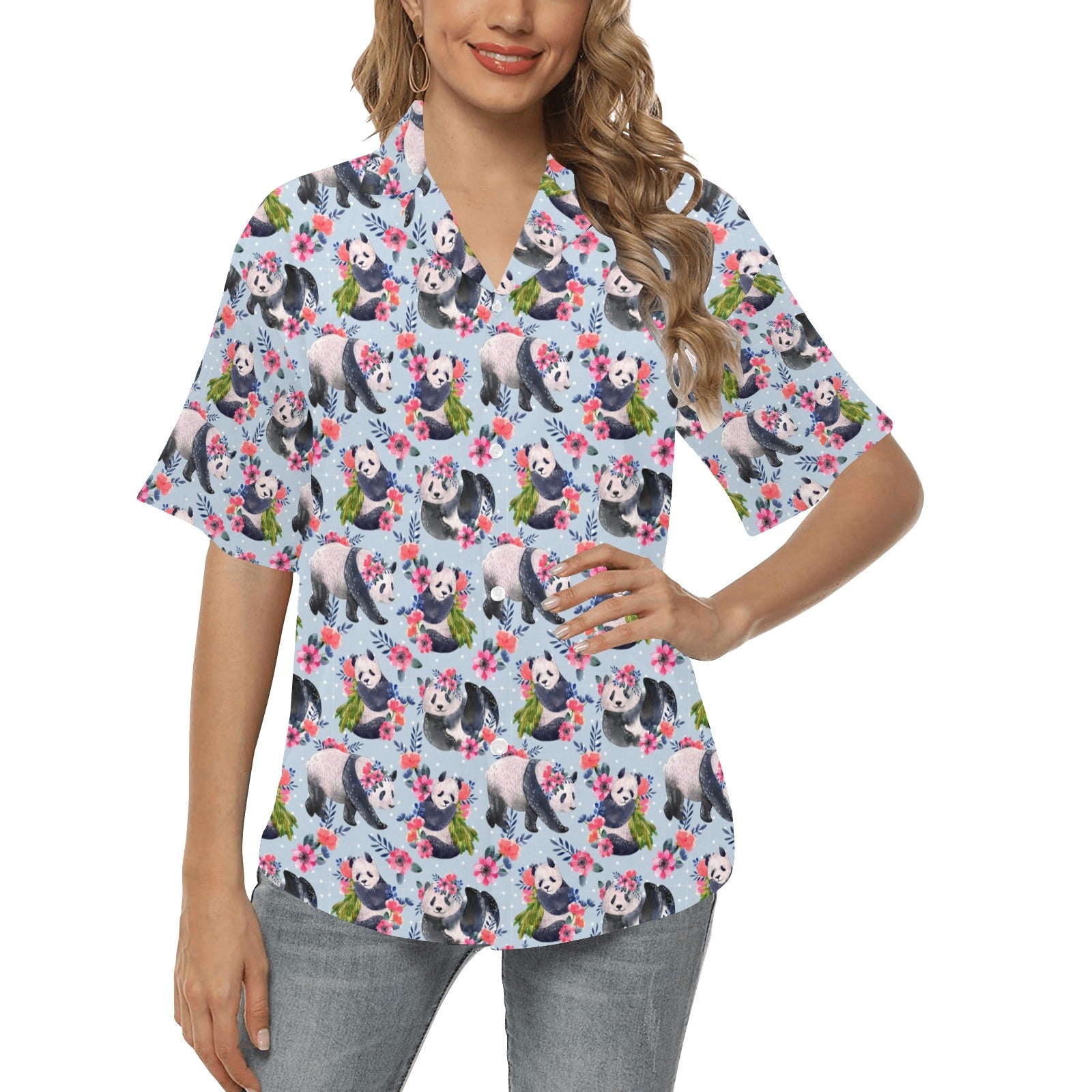 Panda Bear Flower Design Themed Print Women's Hawaiian Shirt