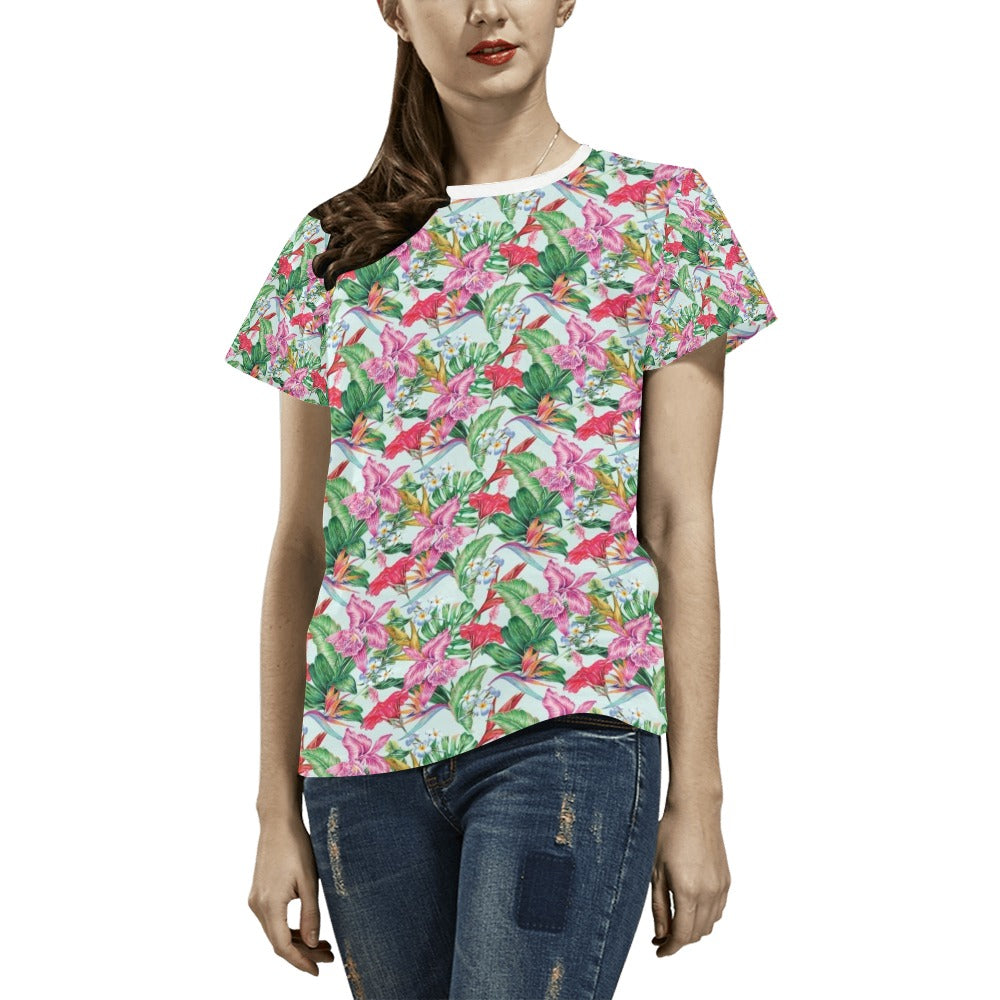 Tropical Flower Print Design LKS304 Women's  T-shirt