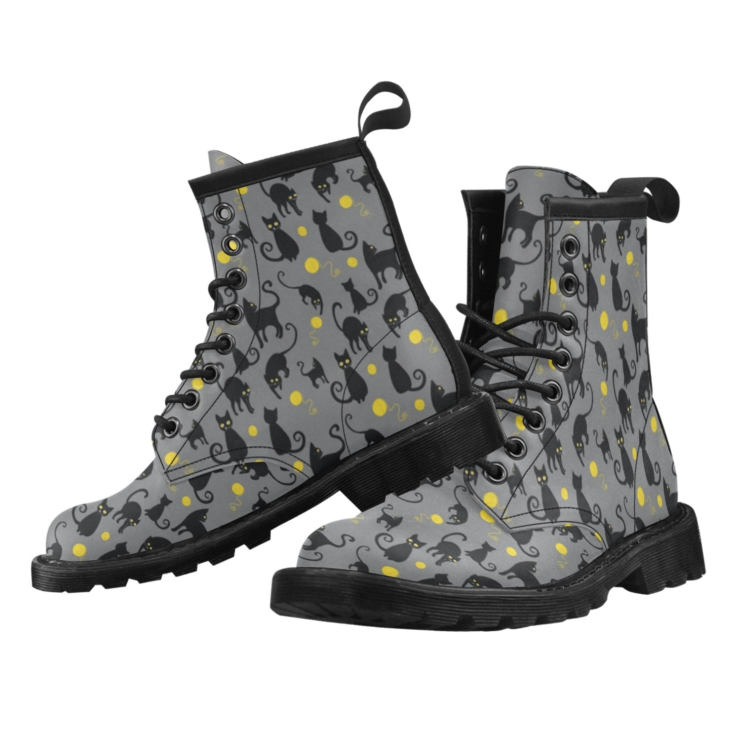 Black Cat Yellow Yarn Print Pattern Women's Boots