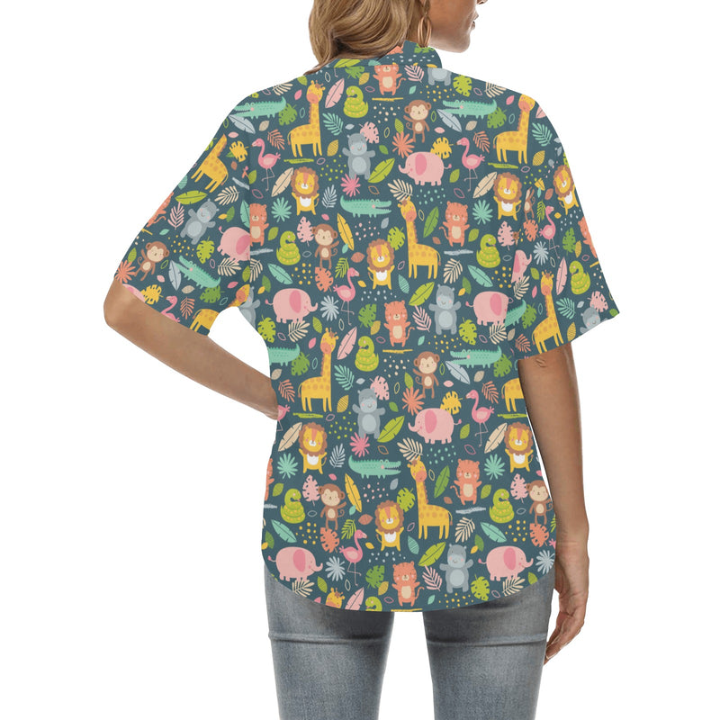 Safari Animal Cartoon Print Design LKS305 Women's Hawaiian Shirt