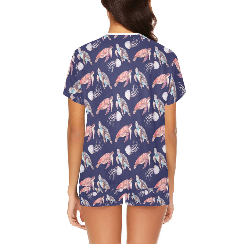 Sea Turtle With Jelly Fish Print Design LKS301 Women's Short Pajama Set