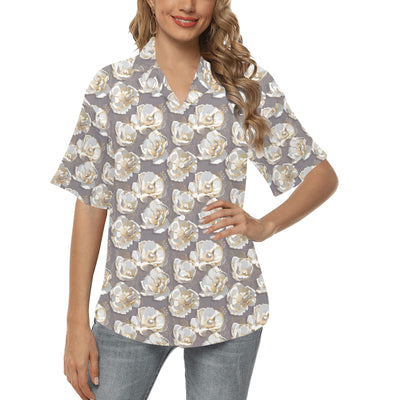 Elegant Grey Flower Print Women's Hawaiian Shirt