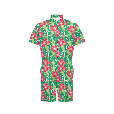 Red Hibiscus Pattern Print Design HB019 Men's Romper