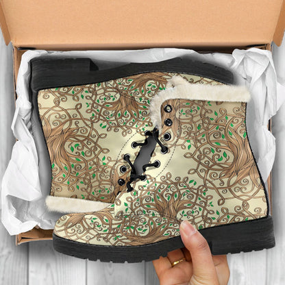 Celtic Tree of life Faux Fur Leather Boots