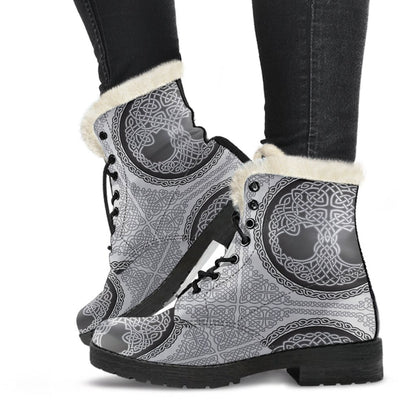Celtic Tree of life Print Faux Fur Leather Boots