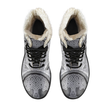 Celtic Tree of life Print Faux Fur Leather Boots