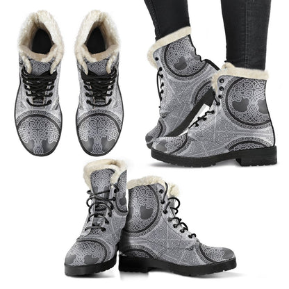 Celtic Tree of life Print Faux Fur Leather Boots