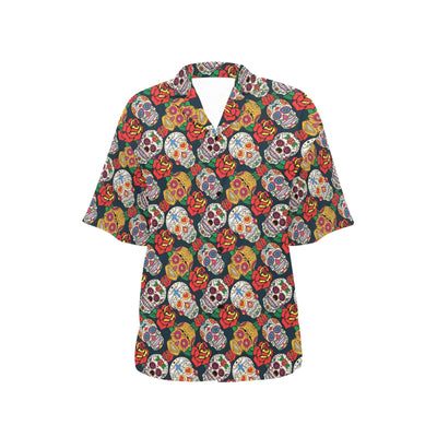 Sugar Skull Print Design LKS306 Women's Hawaiian Shirt