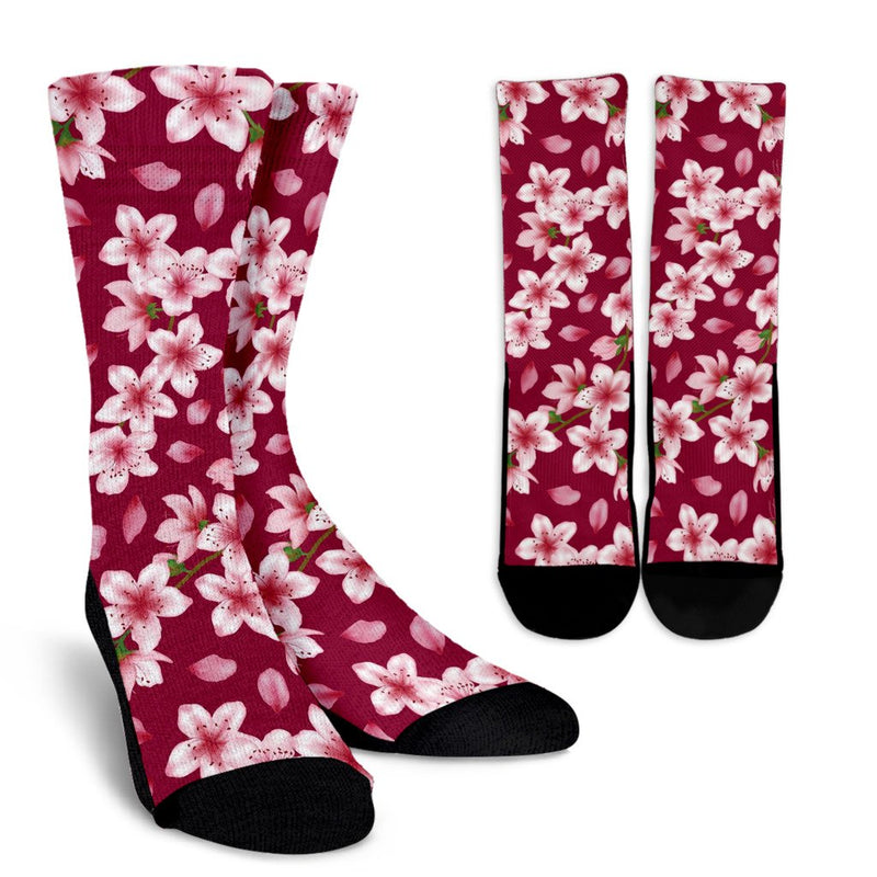 Cherry Blossom Pattern Print Design CB06 Crew Socks-JORJUNE.COM