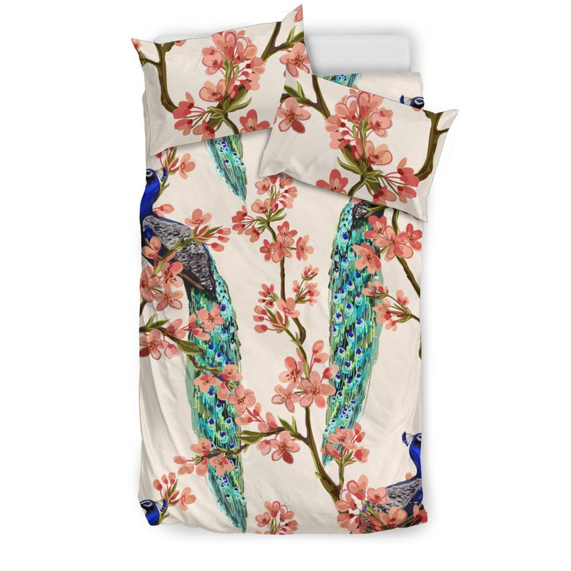 Cherry Blossom Sakura Peacock Duvet Cover Bedding Set