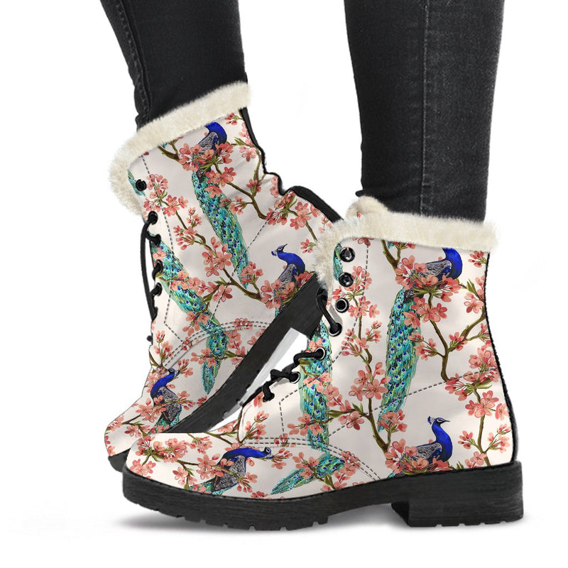 Cherry Blossom Peacock Faux Fur Leather Boots
