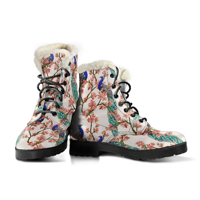 Cherry Blossom Peacock Faux Fur Leather Boots