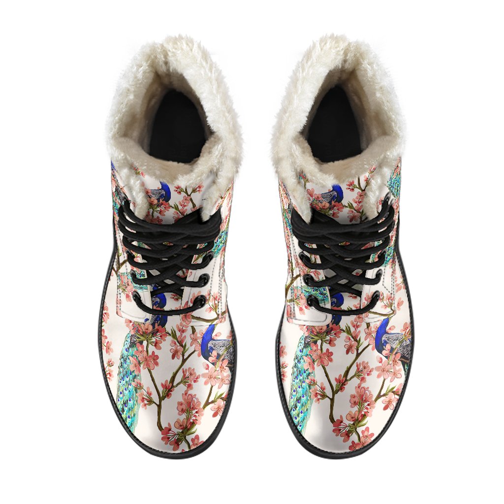 Cherry Blossom Peacock Faux Fur Leather Boots