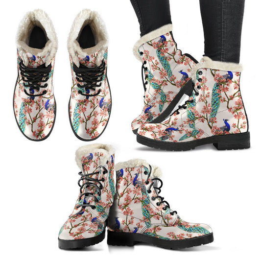 Cherry Blossom Peacock Faux Fur Leather Boots