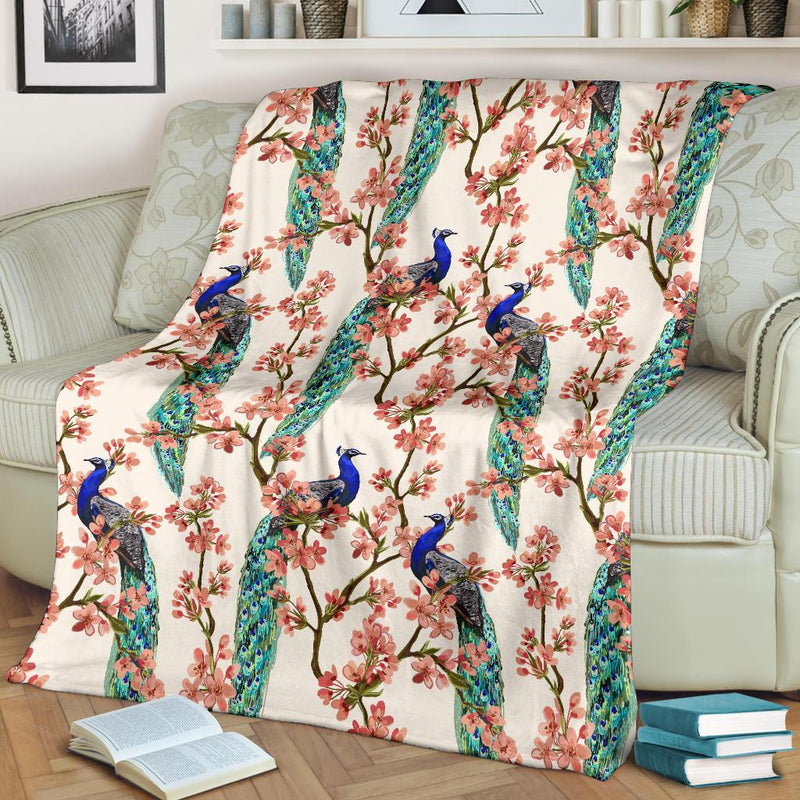 Cherry Blossom Peacock Fleece Blanket