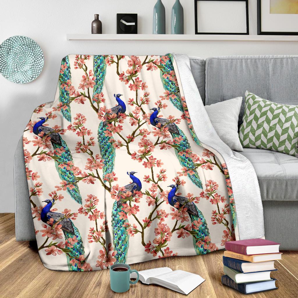 Cherry Blossom Peacock Fleece Blanket
