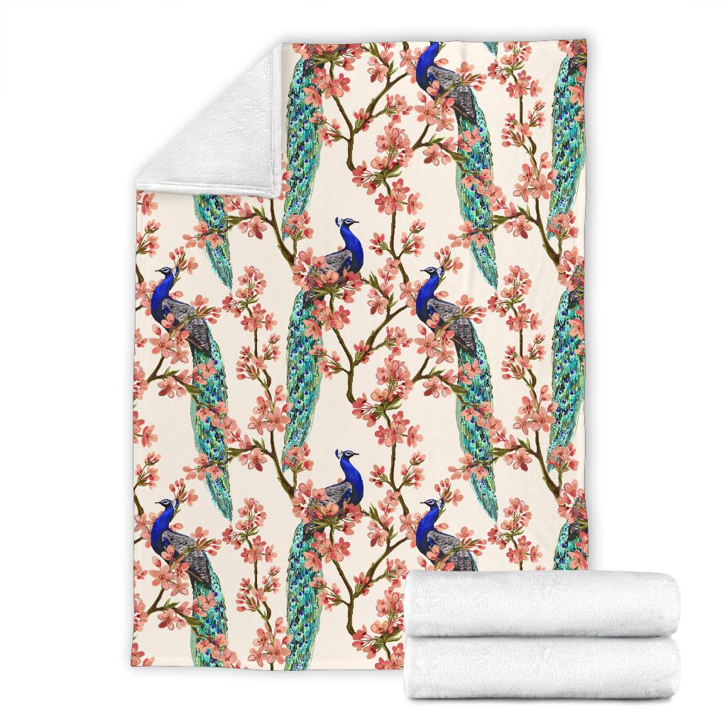 Cherry Blossom Peacock Fleece Blanket