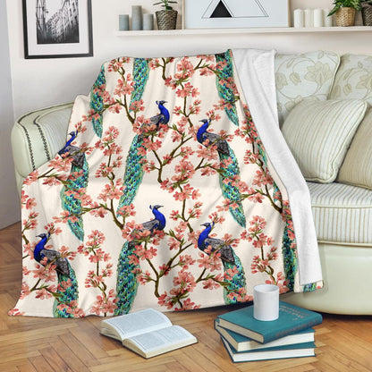 Cherry Blossom Peacock Fleece Blanket