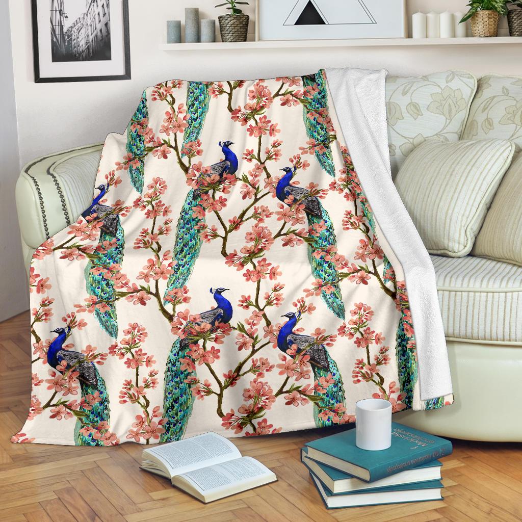 Cherry Blossom Peacock Fleece Blanket