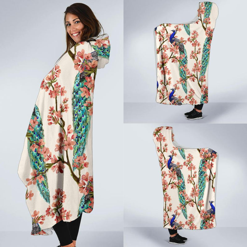 Cherry Blossom Peacock Hooded Blanket-JORJUNE.COM