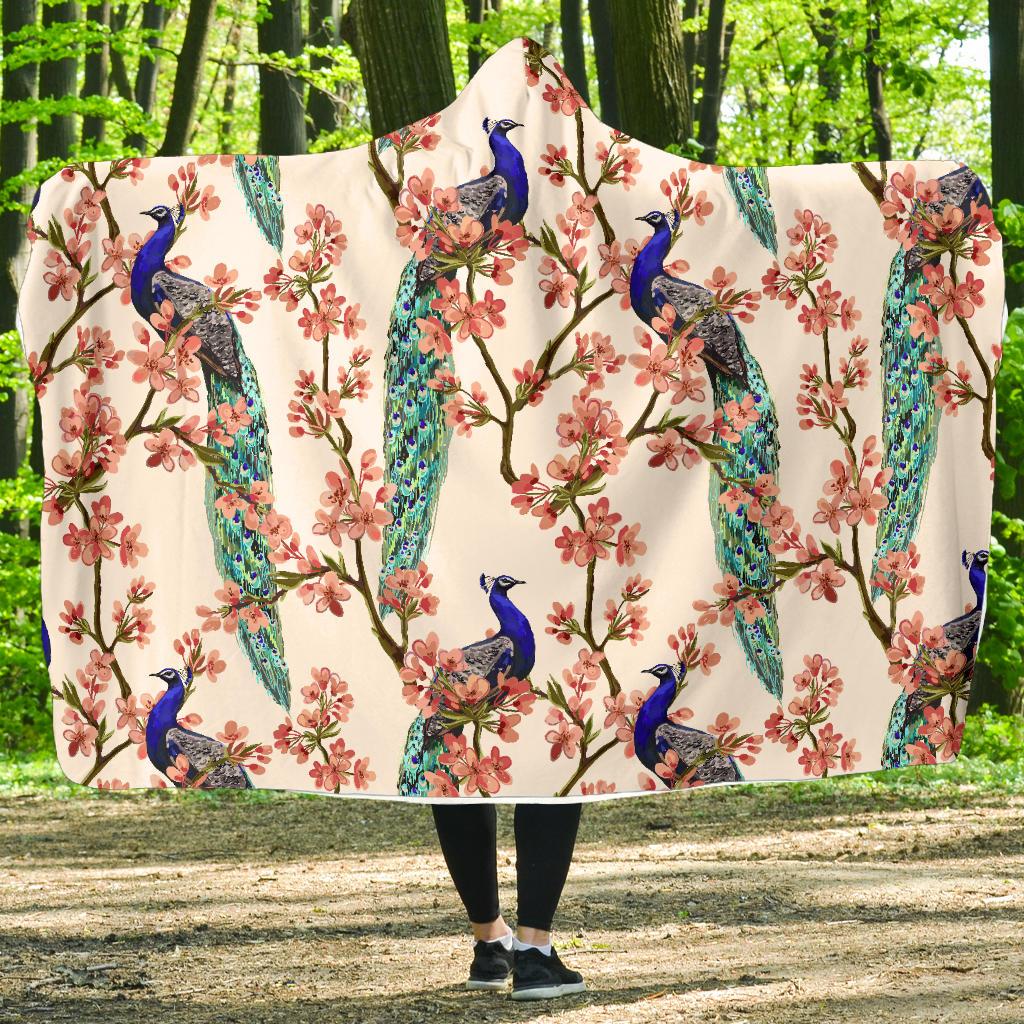 Cherry Blossom Peacock Hooded Blanket-JORJUNE.COM