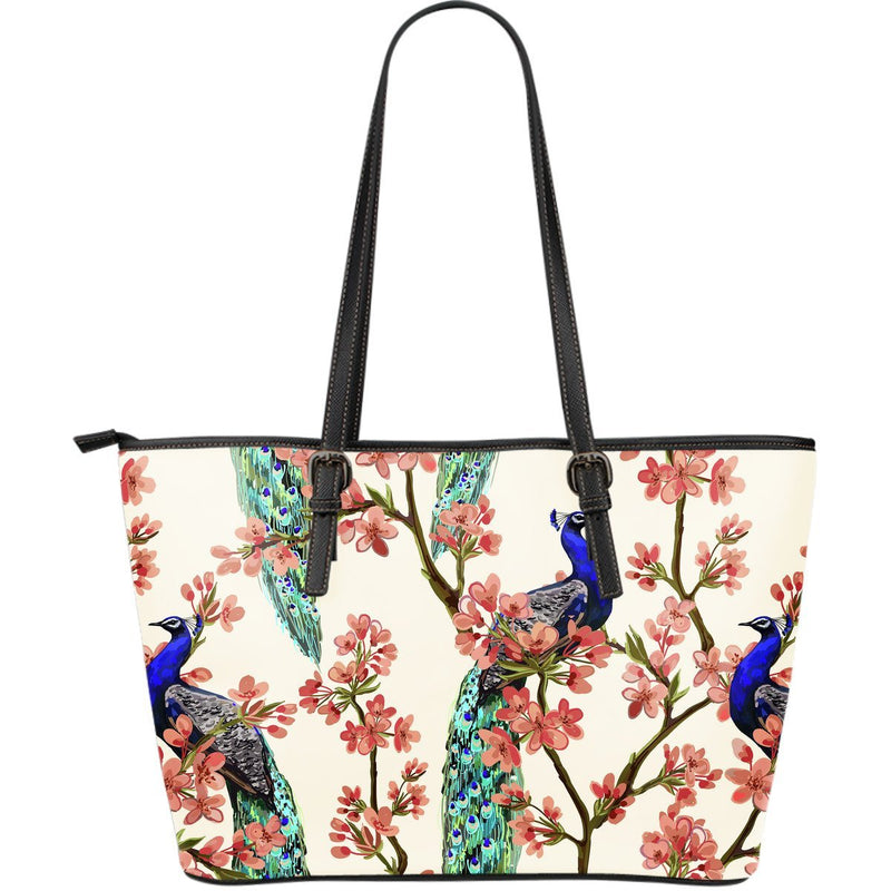 Cherry Blossom Sakura Peacock Large Leather Tote Bag