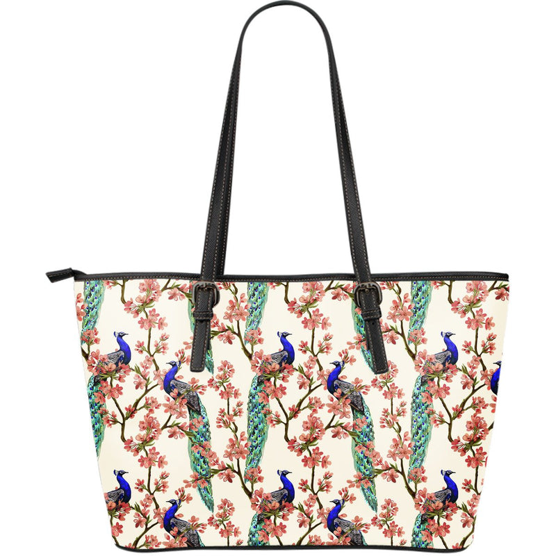 Cherry Blossom Peacock Large Leather Tote Bag