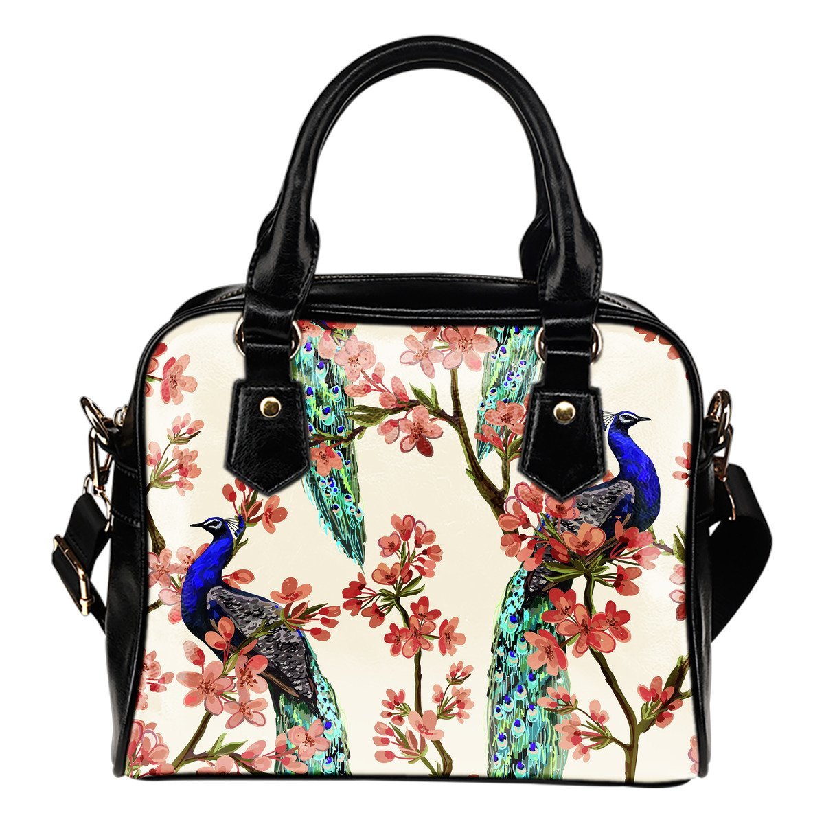 Cherry Blossom Sakura Peacock Leather Shoulder Handbag