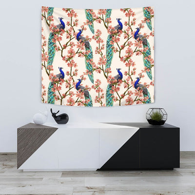 Cherry Blossom Sakura Peacock Wall Tapestry