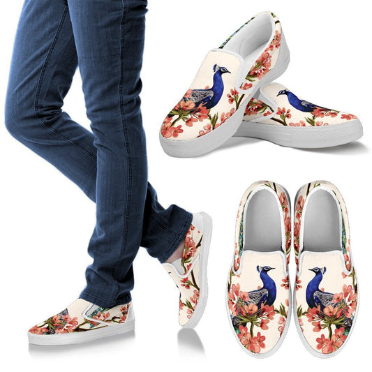 Cherry Blossom Sakura Peacock Women Canvas Slip On Shoes