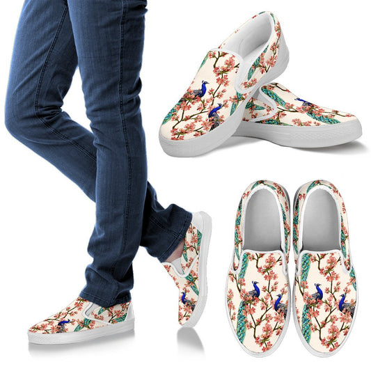 Cherry Blossom Peacock Women Slip On Shoes
