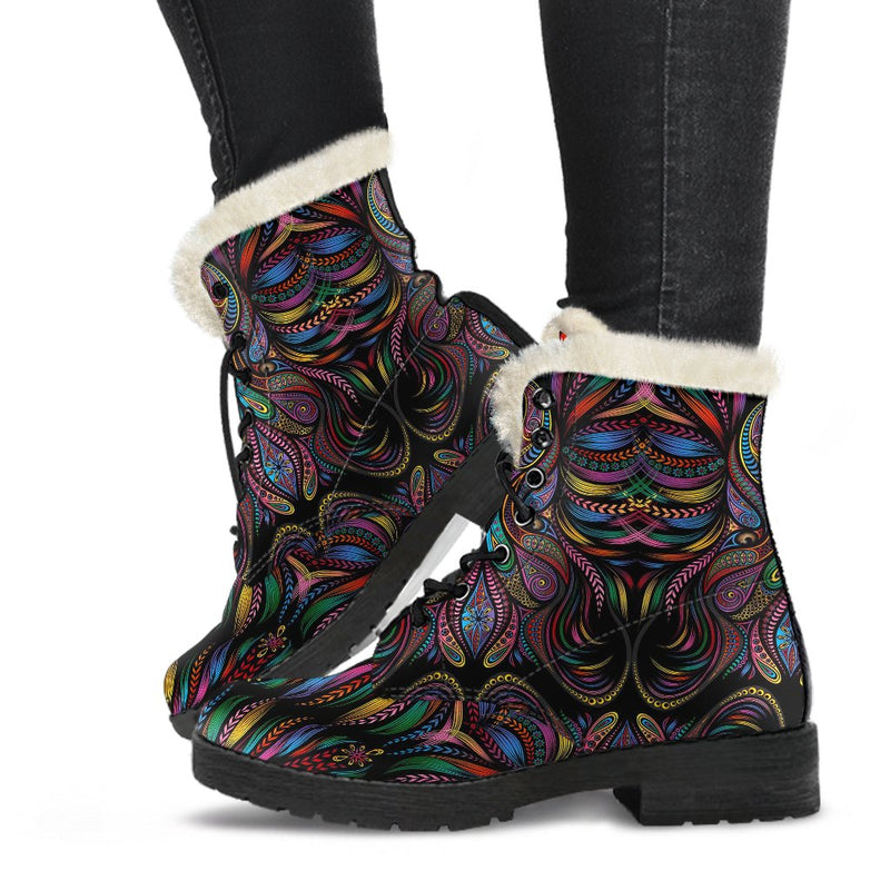 Colorful Art Wolf Faux Fur Leather Boots