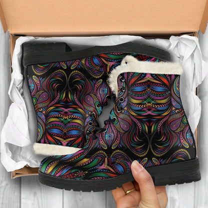 Colorful Art Wolf Faux Fur Leather Boots