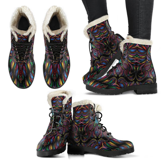 Colorful Art Wolf Faux Fur Leather Boots