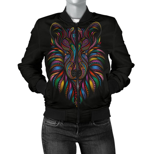 Colorful Art Wolf Women Casual Bomber Jacket