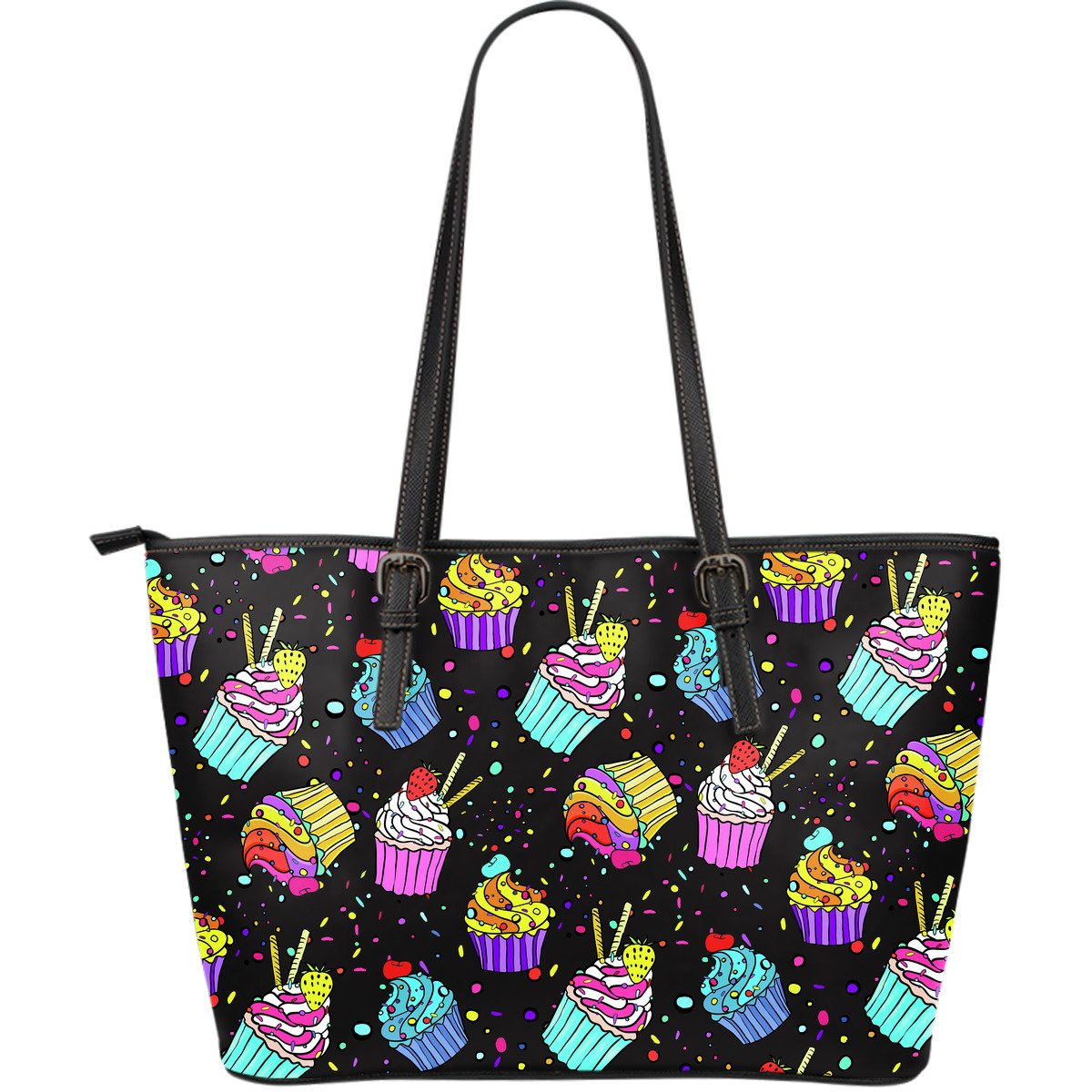 Colorful Cupcake Pattern Large Leather Tote Bag