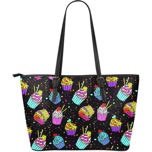 Colorful Cupcake Pattern Large Leather Tote Bag